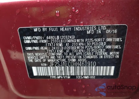 2017 Subaru Forester 2.5I Premium from USA, damaged, VIN JF2SJAEC0HH461910